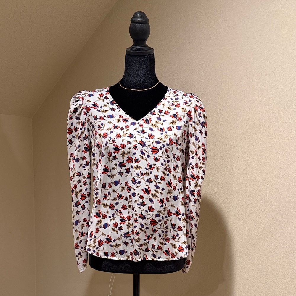 Banana Republic White V-Neck Blouse with Red & Blue Floral Print
